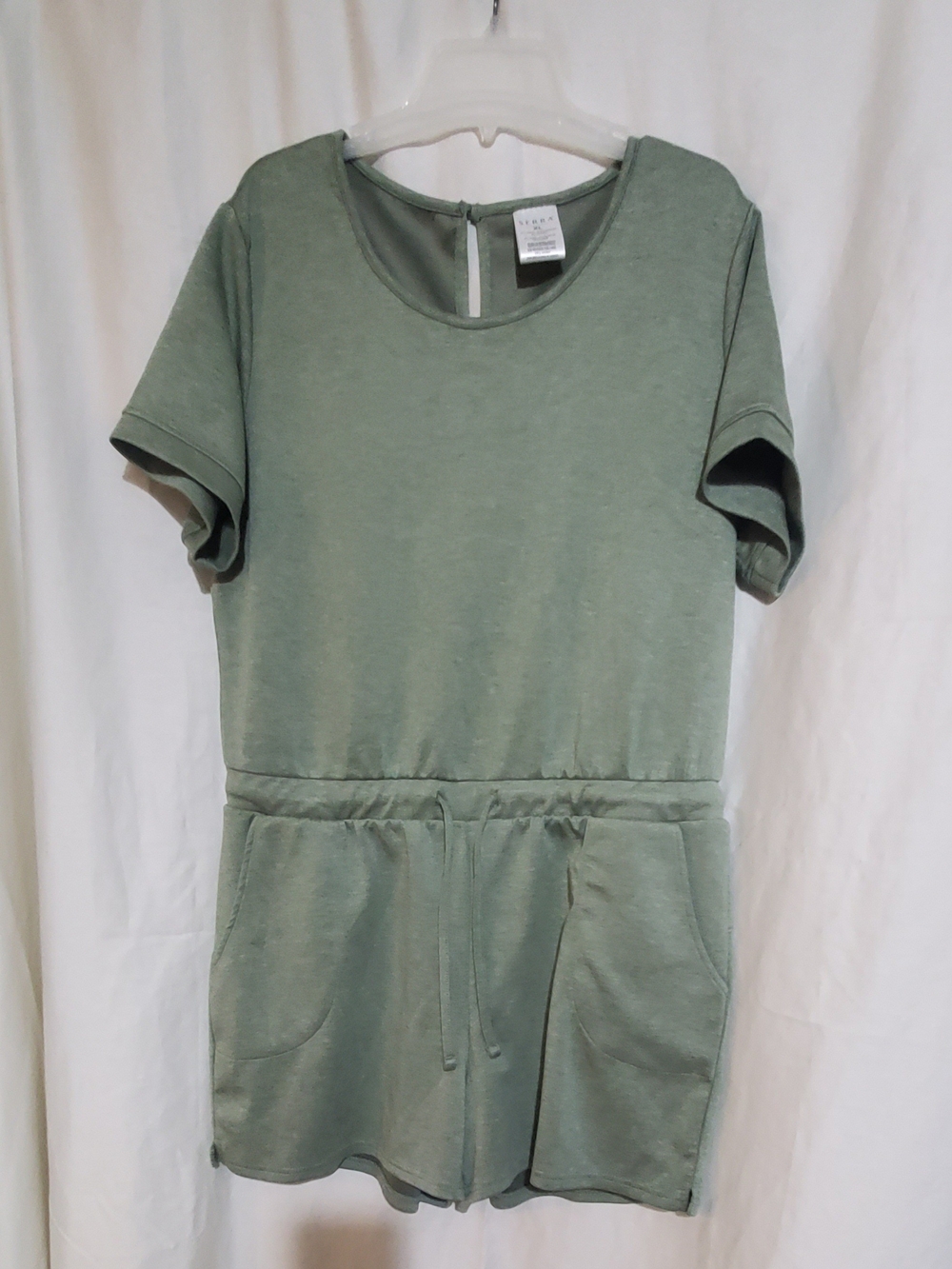 Casual Short Sleeve Sage Green Romper with Drawstring Waist